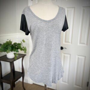 RD Style Grey Baseball T-Shirt with Black Faux Leather Sleeves